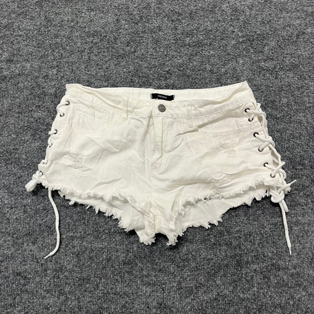 Forever 21 Shorts Womens Size 28 White Distressed Lace Up Side Frayed Hem Cotton